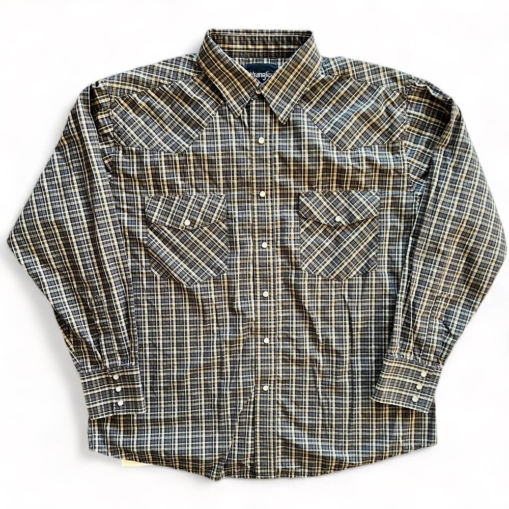 Vintage Wrangler Western Cowboy Button Down Rodeo Ranch Shirt XL Blue Green Tan